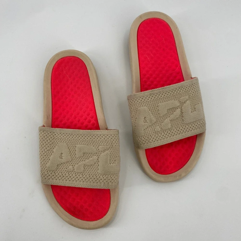 APL TechLoom Slide Womens 7 Beige Neon Pink Athletic Knit Sandals